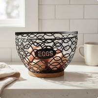 Panier à œufs en fil métallique avec poignée en bois, forme de bol, design rustique pour le stockage des aliments