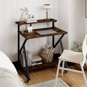 <b>Rustic</b> Brown 32\" Rolling Computer <b>Desk</b> with Power Strip & Monitor Stand Mobile Office Solution - Product Image 5