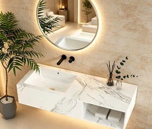 Lavabo de cerámica moderno para colgar en la pared con efecto mármol, forma irregular, fácil de limpiar, para baño doméstico. - Product Image 1