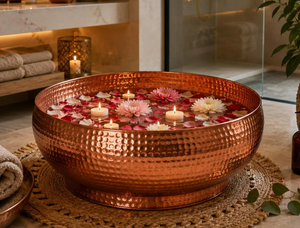 Hammered Copper Fruit Bowl Deep Round Pedestal Basin Metal <b>Storage</b> Centerpiece Vessel <b>Kitchen</b> <b>Island</b> Countertop Tabletop Decor - Product Image 3