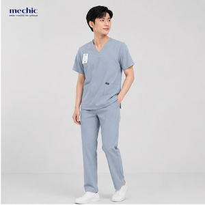 Ensemble de blouses médicales bleu clair pour hommes, col en V, en tissu tissé poly-rayonne-élasthanne, infroissable et anti-humidité - Product Image 3