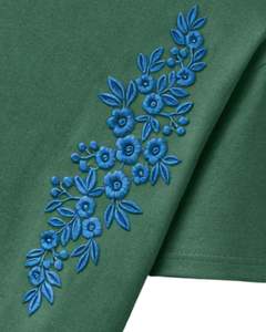 เสื้อยืดผู้หญิงสีเขียวป่าลายปักดอกไม้ ผ้าฝ้ายนุ่ม คอกลม แขนสั้น สไตล์ลำลอง เหมาะสำหรับฤดูร้อน น้ำหนักเบา แฟชั่นทันสมัย - Product Image 5