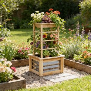 Jardinière surélevée en bois avec cadre grillagé, bac à fleurs en bois naturel pour la plantation - Product Image 1