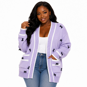 Cardigan en acrylique tricoté lavande HMR Sisterhood Sorority avec décorations de nœuds noirs, manches longues, col en V, style doux pour femmes - Product Image 1