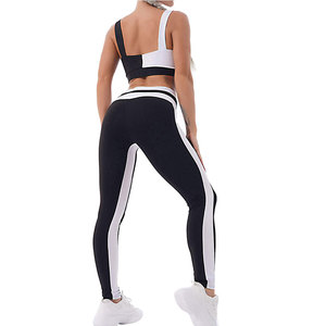 Ensemble de leggings et soutien-gorge de sport pour femmes, noir et blanc, à blocs de couleur, col asymétrique, taille haute, pour yoga et entraînement - Product Image 4