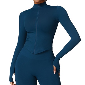 Veste zippée pour femme, crop top, t-shirts de yoga, hauts de sport unis à manches longues, chemises de course sexy, séchage rapide, vêtements de sport pour la gym - Product Image 1