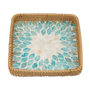 Plateau de service carré en rotin de qualité supérieure avec incrustation de nacre bleue, tressé à la main, plateau décoratif artistique naturel OEM ODM - Product Image 4