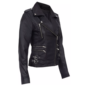 Women's Black Soft Multi-Zip Breathable Windproof High-Quality Nappa Leather Winter <b>Biker</b> <b>Jacket</b> - Product Image 1
