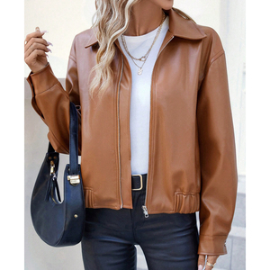 Brown PU Leather Windproof Motorcycle <b>Bomber</b> <b>Jacket</b> Women Full Sleeve Spread Collar Zipper Closure Winter Solid Color Regular - Product Image 3