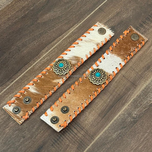Bracelet de manchette en cuir de vachette véritable fait à la main en gros avec bande réglable de style occidental à bord tressé Concho turquoise - Product Image 4