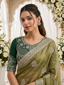 AARA Fashion FENDY JAL-850 Saree en soie verte avec bordure brodée, chemisier, protection solaire, tenue de mariage traditionnelle indienne et pakistanaise - Product Image 6