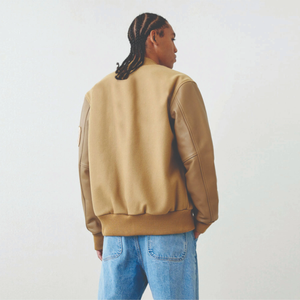 <b>Men's</b> Tan Varsity <b>Jacket</b> With Embroidered Letter R Casual Regular Fit OEM Service Cotton <b>Canvas</b> Button Closure Varsity <b>Jacket</b> - Product Image 6