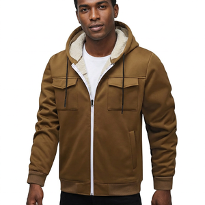 Men's Hooded <b>Fleece</b> <b>Jacket</b> Solid Color <b>Thick</b> Warm Zipper Casual Winter Coat With Pockets - Product Image 2