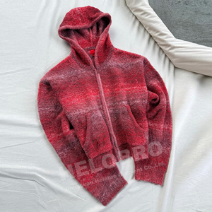 Heavyweight Mohair Blend Ombre Full <b>Zip</b> Hoodie Men's Streetwear Brushed Knit Gradient Sweater Distressed Harajuku <b>Hooded</b> Jacket - Product Image 1