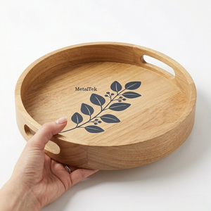 Round Mango Wood Serving Tray For Bar Restaurant Hotels High Quality With Handle Decorative Serving Platter Ottoman Wooden Trays - Product Image 3