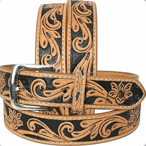 Custom made Floral Engraved Men's fashion Western Leather <b>Tooling</b> <b>belt</b> with designer brass buckle available in many designs - Product Image 2