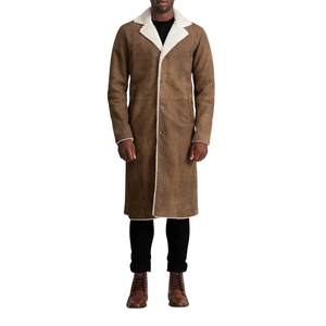 Manteau en cuir véritable marron pour homme, longueur genou, col à revers cranté, simple boutonnage, doublure en fourrure - Product Image 1