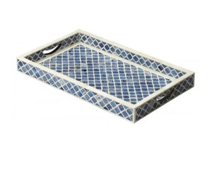 Plateau de service décoratif en os et résine, forme octogonale, avec motif géométrique bleu et blanc, au meilleur prix - Product Image 3