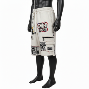 Pantalones cortos de baloncesto para hombre, de algodón suave, color beige, con parche gráfico, estampado, logotipo personalizado, bordado, con bolsillo. - Product Image 5