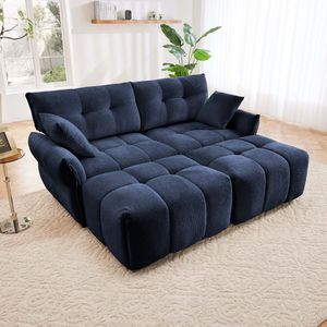 Comodo Set Divano Blu a 2 Posti con 2 Pouf e Cuscini Decorativi in Morbido Tessuto Chenille per Soggiorno, Appartamento o Dormitorio - Product Image 1