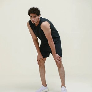 <b>Men's</b> O-Neck Sleeveless <b>Tank</b> <b>Top</b> Shorts Set Solid <b>Black</b> Breathable Knitted Casual Wear 100% Cotton 3D Pattern 220g - Product Image 2