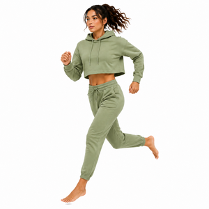 Ensemble sweat à capuche 2 pièces vert olive pour femme, manches longues, coupe ample, décontracté, en polaire unie polyester/coton, anti-rétrécissement, toutes saisons - Product Image 5