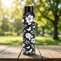 Bouteille d'eau en acier inoxydable noir avec imprimé floral papillon, bouteille isotherme réutilisable avec bouchon à vis pour le bureau