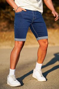 Shorts en jean délavé foncé pour homme, taille mi-haute, coupe droite, décontracté, été, mélange coton élasthanne respirant avec poches - Product Image 2