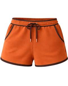 Pantalones Cortos Deportivos Casuales de Verano para Mujer, Personalizados, Color Naranja Óxido con Contraste Marrón, de Algodón y Felpa, Cintura Elástica - Product Image 1