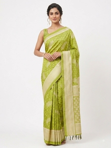 Sari en soie verte à pois blancs, motifs de feuilles, imprimé numérique, tenue de mariage indienne traditionnelle pour femme, longueur au sol, service OEM - Product Image 3
