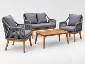 Conjunto de Sofá Moderno para Exteriores en Gris, con Estructura de Madera y Mimbre, Muebles de Patio con Cojines Impermeables y Mesa de Centro - Product Image 1