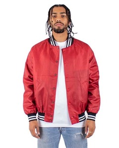 Veste de baseball bleue pour homme, veste bomber en satin, boutons pression, col et poignets côtelés, bordure rayée, streetwear - Product Image 2