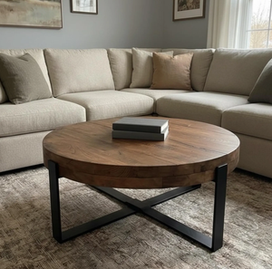 Mesa de Centro Contemporánea Redonda de Madera Maciza y Metal |   Mesa Auxiliar Multifuncional para Sala de Estar, Muebles para el Hogar - Product Image 1