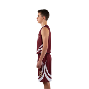 Ensemble d'uniformes de basketball personnalisés pour hommes, bordeaux et blanc, maillot sans manches à col rond, short avec bordure à rayures incurvées, numéro d'équipe, kit de vente en gros - Product Image 5