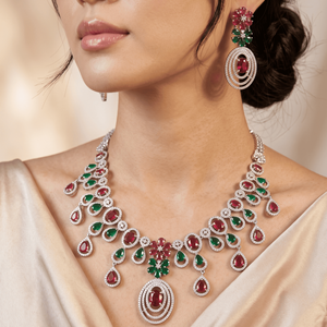 Collar de diamantes americanos chapado en plata con gemas rojas y verdes rubí, aretes a juego para novias, bodas y fiestas, conjuntos AD. - Product Image 1