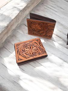 Western Style Hand <b>Tooled</b> Floral Carving Fashion Forward Vintage Handmade Buffalo <b>Leather</b> Brown <b>Leather</b> Casual Heavy Duty Wallet - Product Image 3
