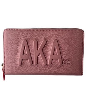 Women's Pink Zip Around Wallet with Embossed AKA Lettering, <b>Long</b> Faux Leather Clutch <b>Purse</b> with Card Slots and Coin Pocket - Product Image 1