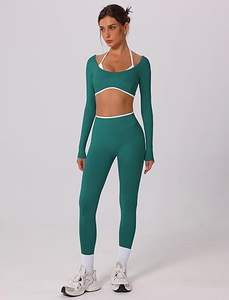 Conjuntos Deportivos de 2 Piezas para Mujer, Top Corto Halter de Manga Larga con Paneles en Contraste y Leggings de Cintura Alta, Conjuntos Deportivos - Product Image 3