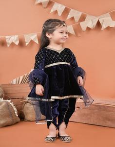 Conjunto dhoti de terciopelo bordado de manga larga - Azul - Product Image 5