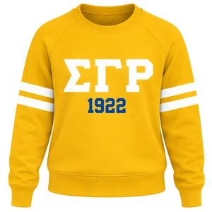 Gold Yellow Women Crew Neck Sweatshirt Greek Letter 1922 Graphic <b>Long</b> Sleeve Pullover <b>Top</b> with White Double Sleeve Stripes - Product Image 1