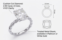 Bague de fiançailles solitaire pour femme en or blanc 14 carats avec diamant ovale de 2,5 carats cultivé en laboratoire certifié IGI et bande torsadée