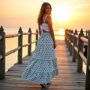 Boho GYPSY กระโปรงฉัตรของผู้หญิงกระโปรงสีขาวและสีฟ้าบล็อกพิมพ์ออกแบบสำหรับใช้ในชีวิตประจำวัน - Product Image 6