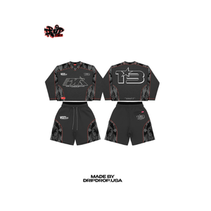Grey Camo Division Sports Jersey Shorts Set | Oversized <b>Long</b> Sleeve Top & Shorts | Streetwear <b>Matching</b> Set OEM - Product Image 1