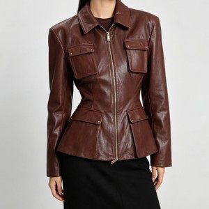 Veste safari en cuir véritable pour femme, col rabattu, manches longues, couleur unie, fermeture éclair, style utilitaire, vêtement d'automne - Product Image 1
