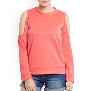 Sudadera personalizada para mujer con hombros descubiertos, color rosa coral, cuello simulado, jersey de algodón ajustado a la moda, OEM - Product Image 3