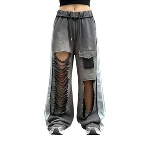 High Waist Ripped Wide Leg Denim Jeans <b>Women</b> Cargo Side Stripe Distressed Streetwear Hip Hop Baggy <b>Trousers</b> - Product Image 4