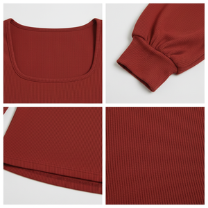 Haut côtelé à col carré et manches longues pour femme, coupe ajustée, en maille douce extensible, style basique moderne, vente en gros OEM - Product Image 5