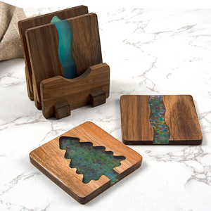 Sous-verres écologiques en bois d'acacia et résine, couleur personnalisée, 4 pièces, tapis et supports artisanaux pour la maison et les mariages - Product Image 6