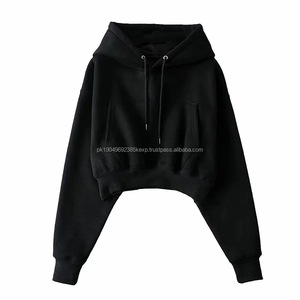 Fabricant de sweats à capuche personnalisés coton + spandex couleur unie polaire doublé haut court sweats à capuche pour femmes - Product Image 2