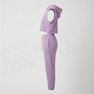 Conjunto de Top Corto sin Mangas con Capucha y Pantalones Jogger para Mujer, Color Lavanda Sólido, Informal, de Felpa, Dos Piezas, para Primavera/Verano - Product Image 3